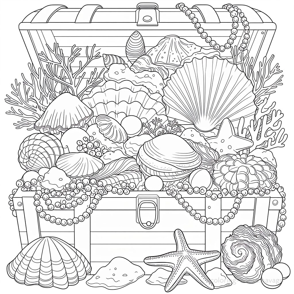 宝箱に眠る貝殻たちの塗り絵です。 | ハバゴ