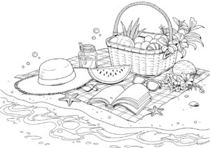 波打ち際のピクニックの塗り絵です。 | ハバゴ