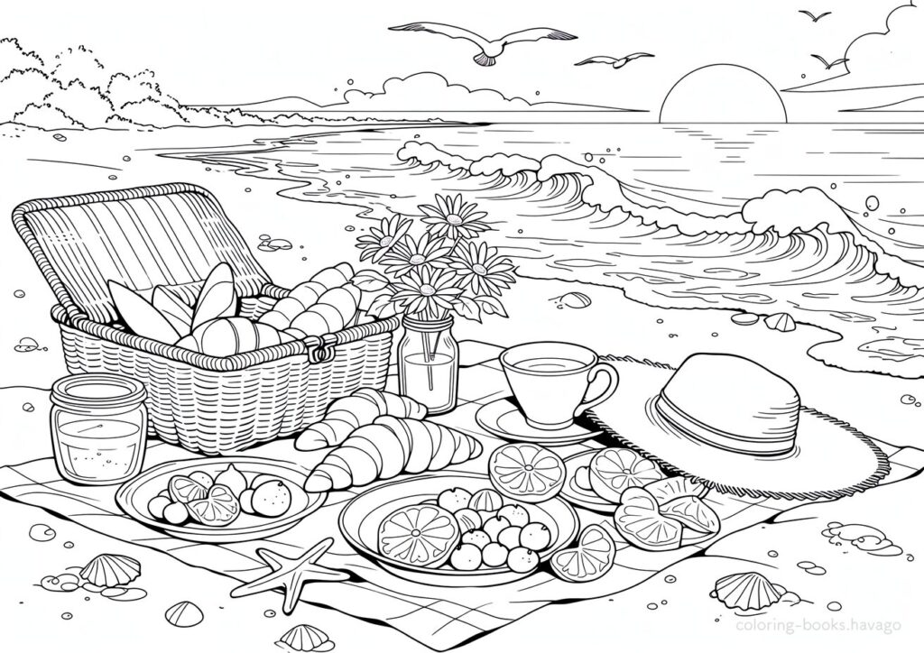 早朝の浜辺の朝食の塗り絵です。 | ハバゴ