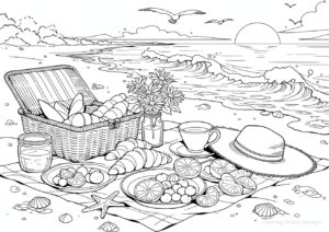 早朝の浜辺の朝食の塗り絵です。 | ハバゴ