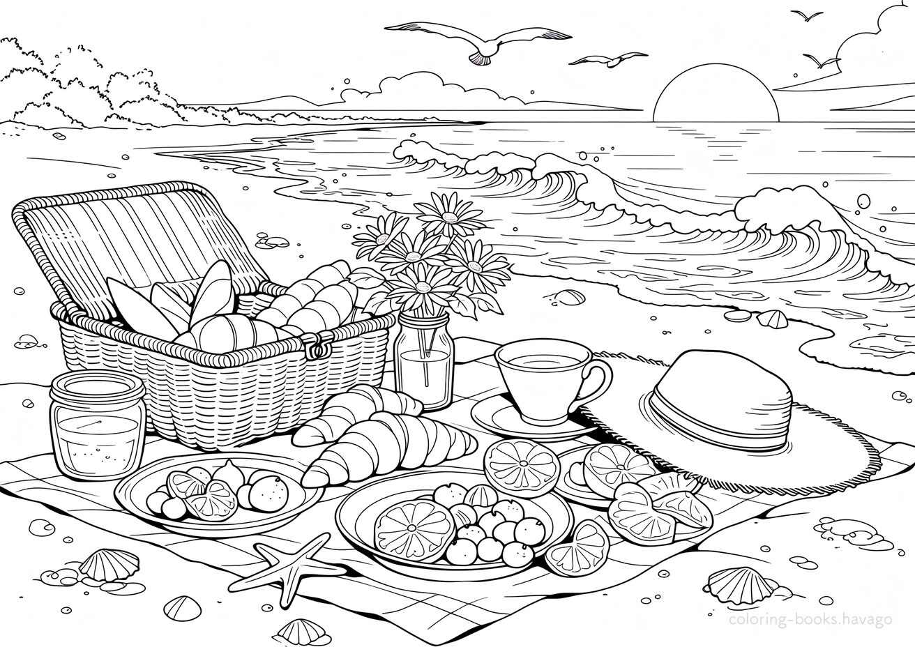 Early Morning Breakfast on the Beach Coloring Page. | havago