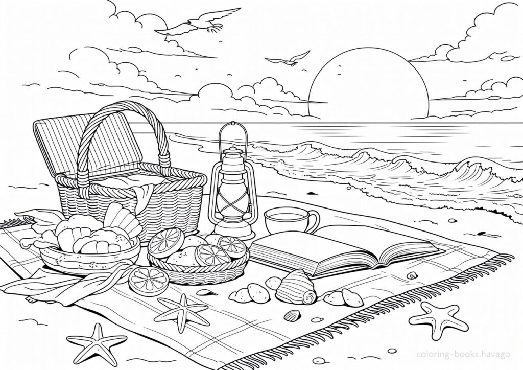 夕日の浜辺でピクニックの塗り絵です。 | ハバゴ