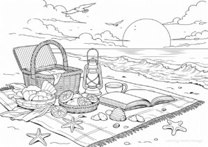 A Coloring Page of a Picnic on a Beach at Sunset. | havago