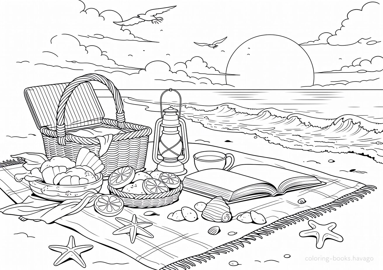 夕日の浜辺でピクニックの塗り絵です。 | ハバゴ