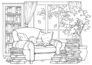 読書を楽しむ秋の午後の塗り絵 | ハバゴ