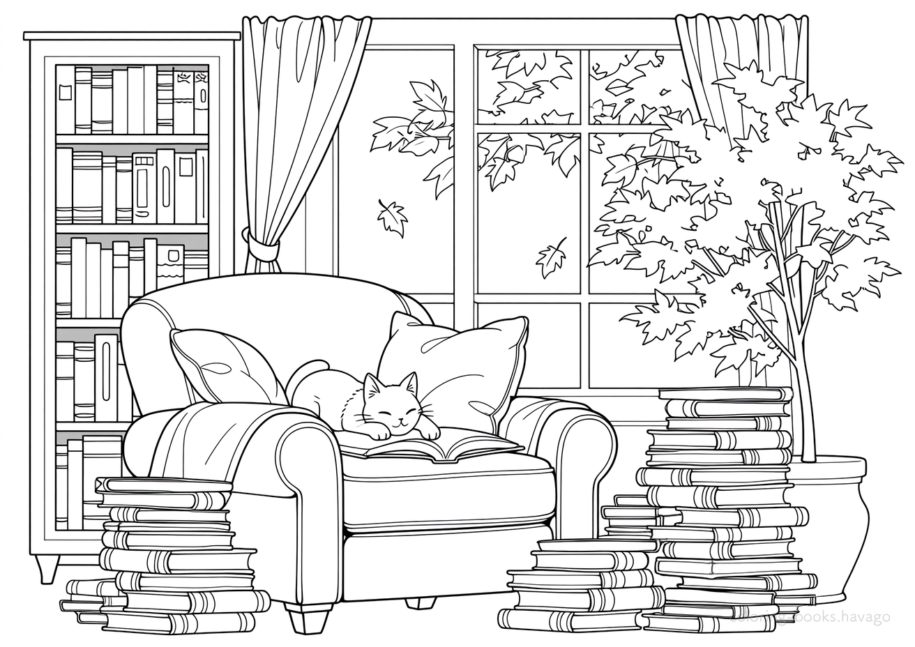 読書を楽しむ秋の午後の塗り絵 | ハバゴ
