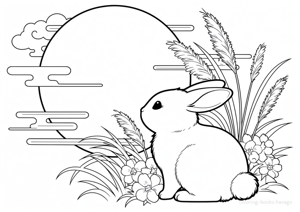 美しい満月を見つめるうさぎの塗り絵 | ハバゴ