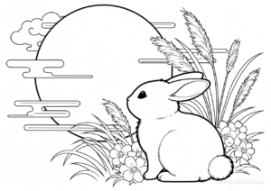 美しい満月を見つめるうさぎの塗り絵 | ハバゴ