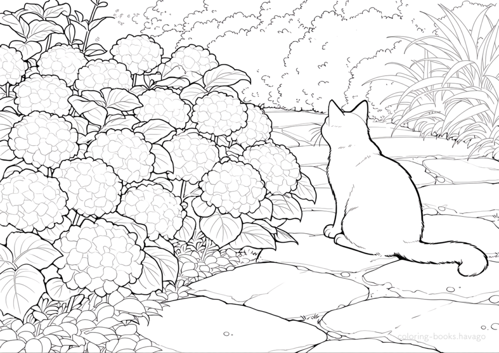 紫陽花が咲く猫の散歩道の塗り絵です。 | ハバゴ