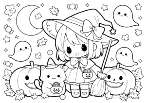 魔女とお菓子を集める黒猫の塗り絵 | ハバゴ
