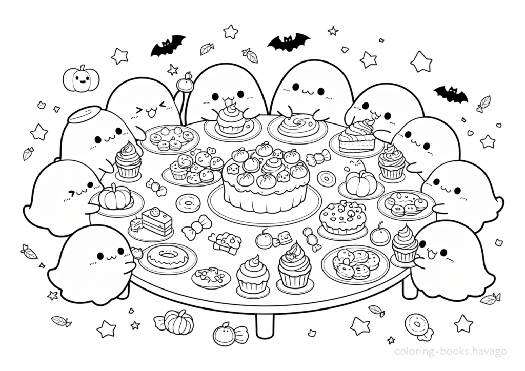 お化けたちのハロウィンパーティーの塗り絵 | ハバゴ