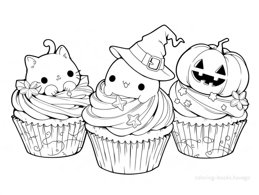 ハロウィンのカップケーキの塗り絵 | ハバゴ