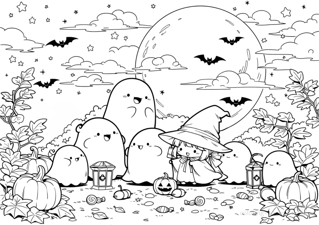 夜の森に集まるお化けたちの塗り絵 | ハバゴ