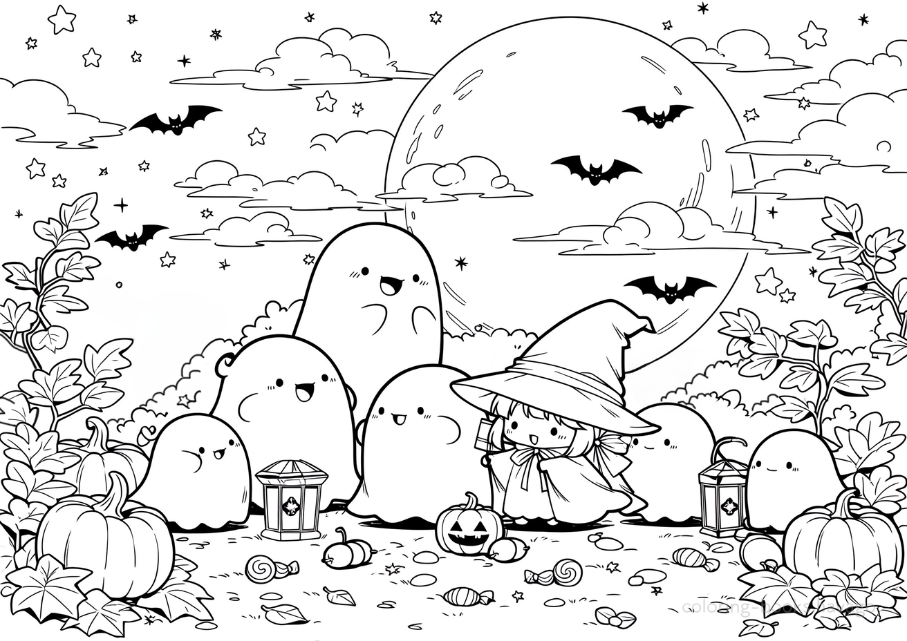 夜の森に集まるお化けたちの塗り絵 | ハバゴ
