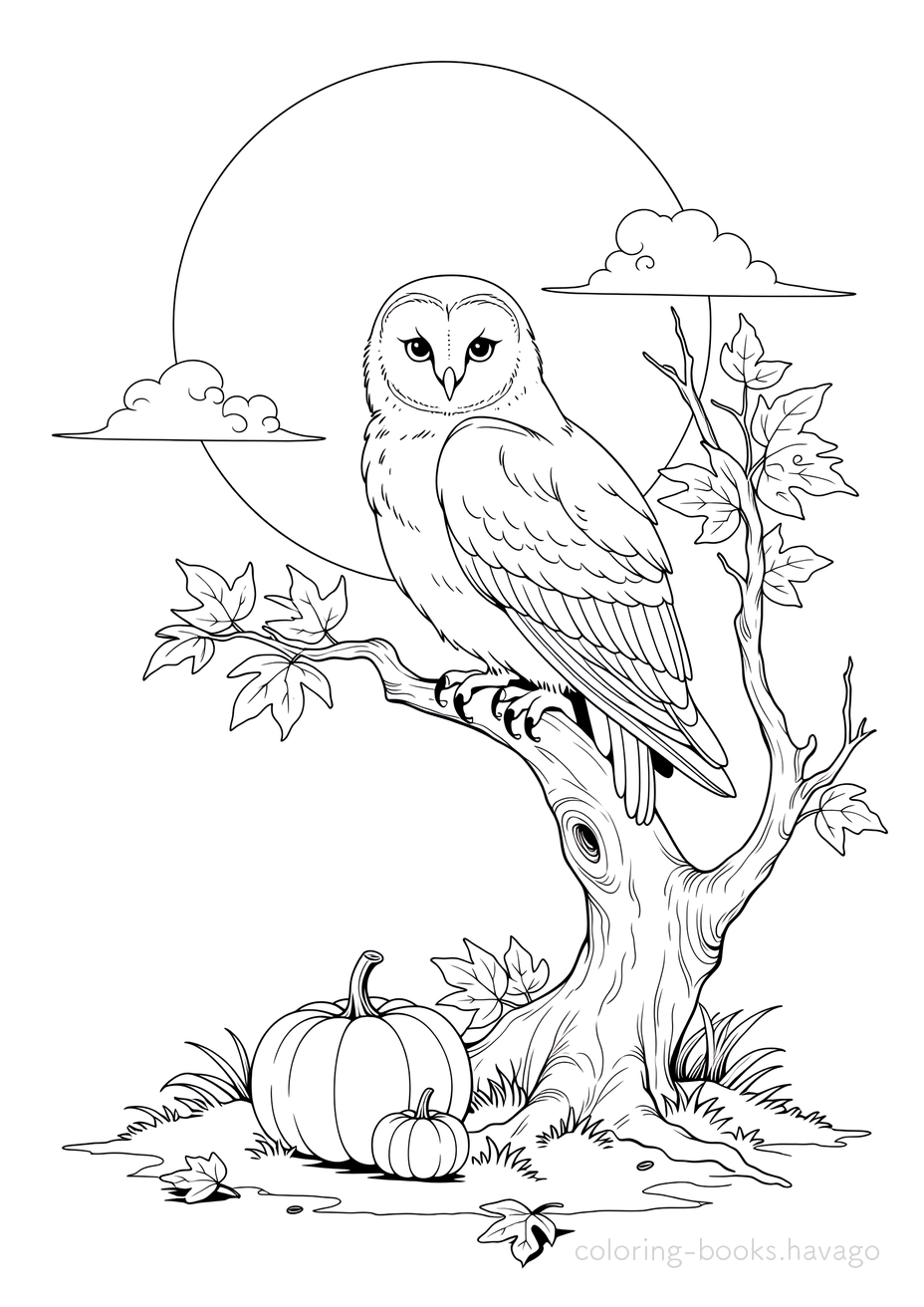 満月とフクロウの塗り絵 | ハバゴ