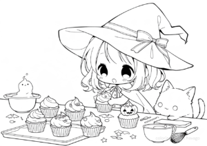 カップケーキを作る魔女の塗り絵 | ハバゴ
