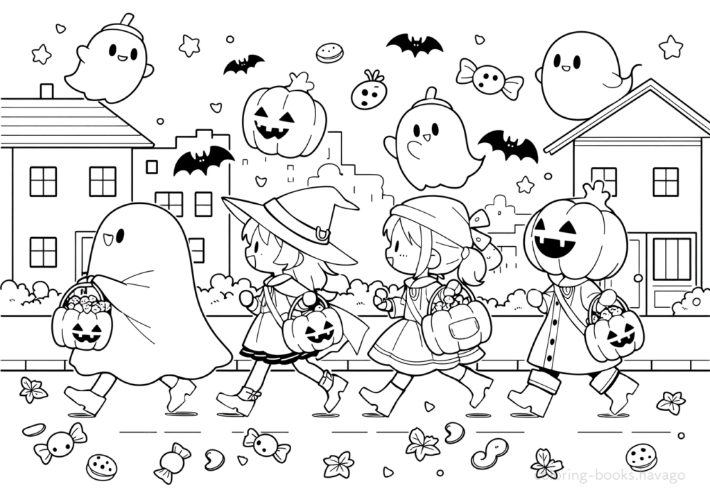 仮装した子供たちの行列の塗り絵 | ハバゴ