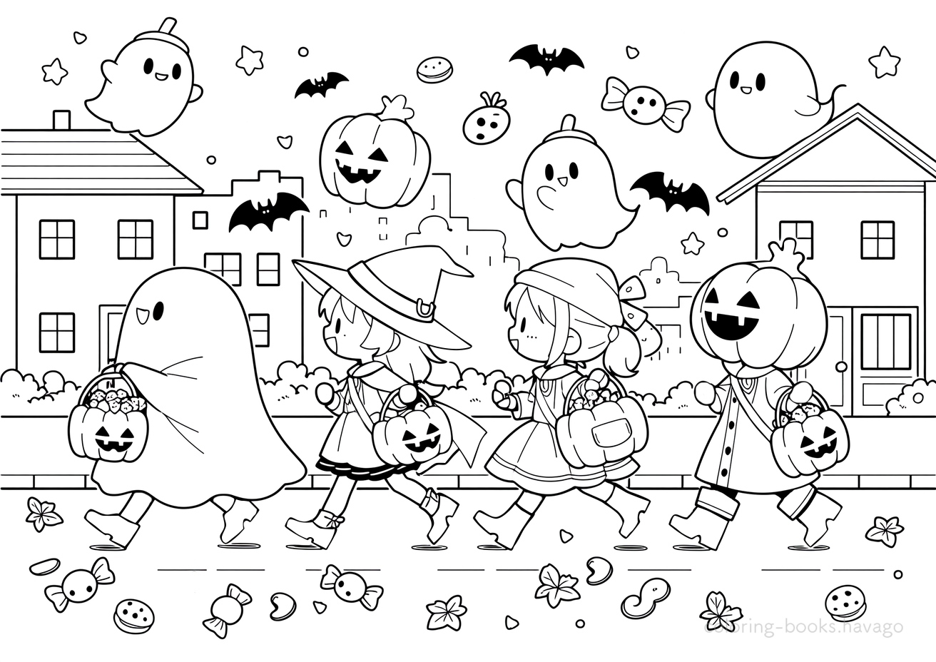 仮装した子供たちの行列の塗り絵 | ハバゴ