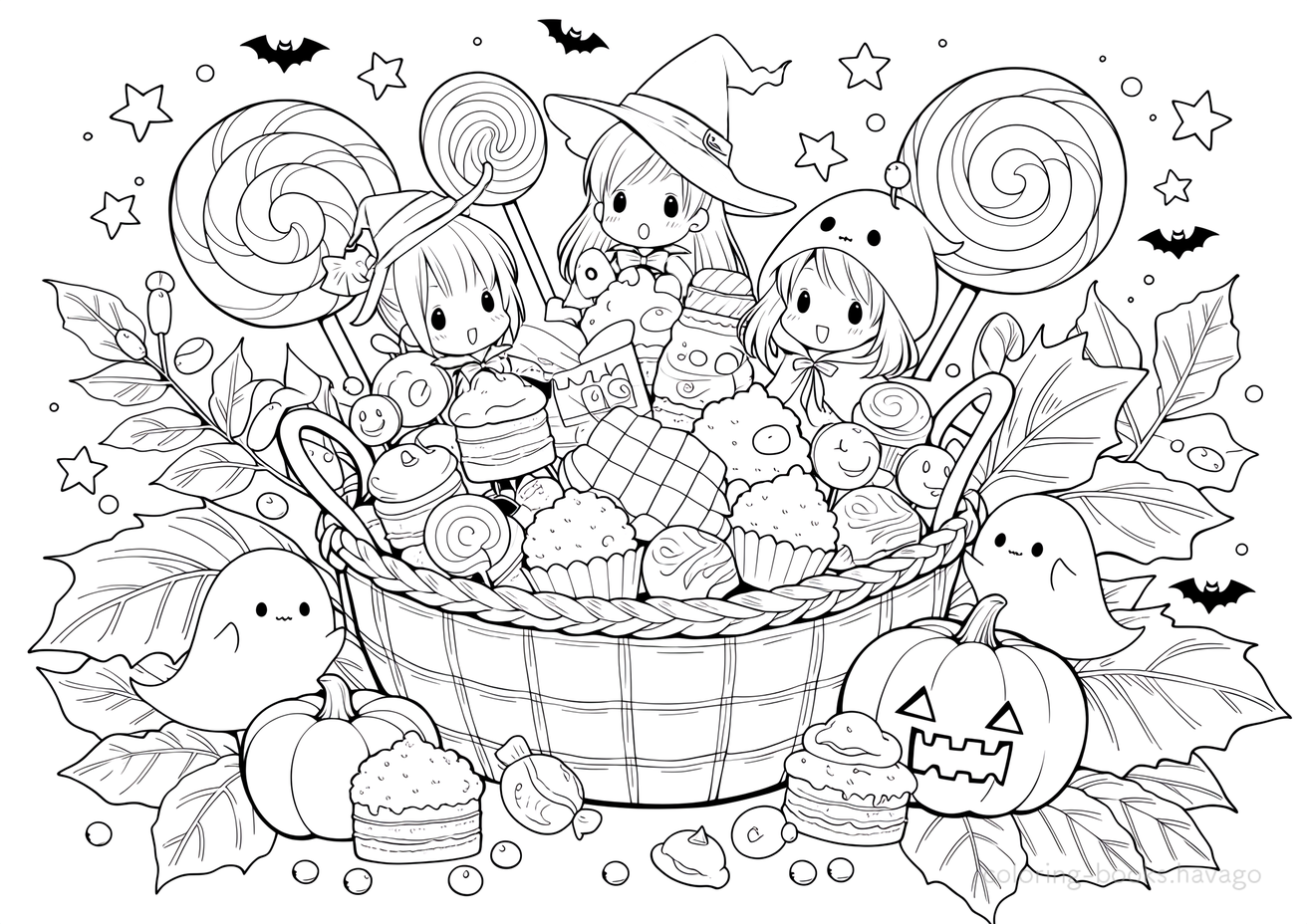 大きなお菓子がいっぱいのハロウィンパーティーの塗り絵 | ハバゴ