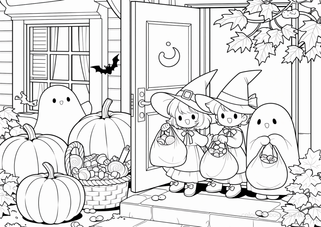 お菓子をたくさんもらえて喜ぶハロウィンの仮装をした子供たちの塗り絵 | ハバゴ
