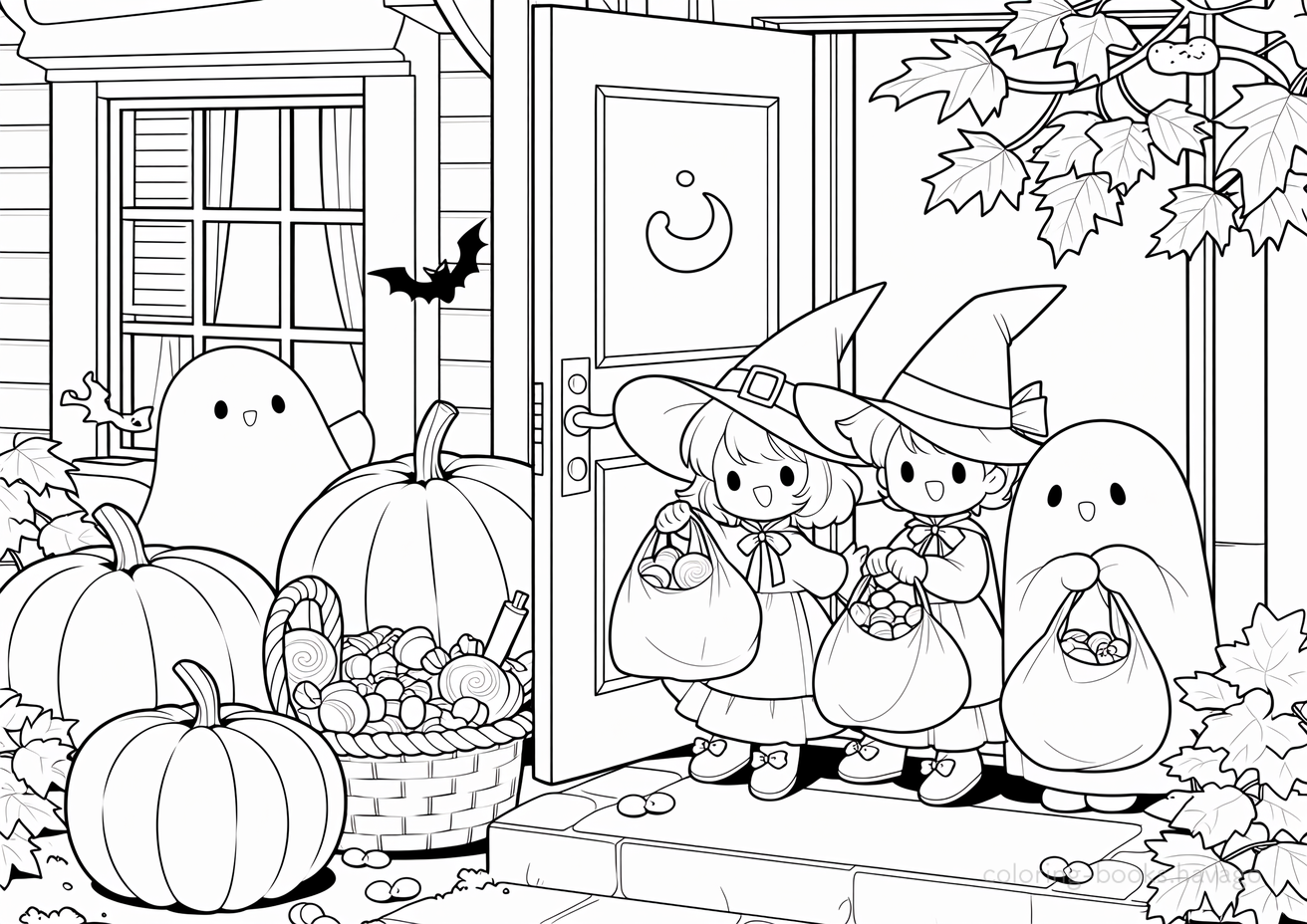 お菓子をたくさんもらえて喜ぶハロウィンの仮装をした子供たちの塗り絵 | ハバゴ