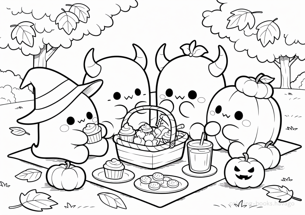 お化けたちのナイトピクニックの塗り絵 | ハバゴ
